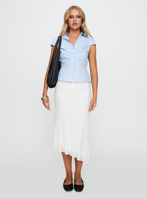   front view of model wearing Princess Polly Mathylda Asymmetrical Lace Maxi Skirt White Midi Skirts Midi Skirts 