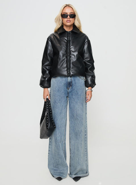 Black jacket Classic collar, exposed zip fastening, drawstring at waist, twin pockets