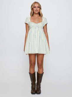 front view of model wearing Princess Polly Monsterrat Mini Dress Blue Stripe Sweetheart Neckline 