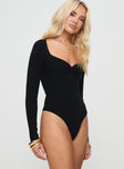 Long sleeve bodysuit Ribbed knit material, twist detail at bust, high cut leg, cheeky style bottom, press clip fastening at base Good stretch, unlined