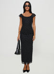 Maxi dress Polka dot print, straight neckline, cap sleeves, invisible zip fastening Good stretch, unlined 