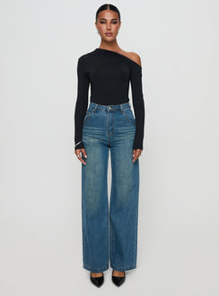 front view of model wearing Princess Polly Antilles One Shoulder Bodysuit Black Full Sleeves 