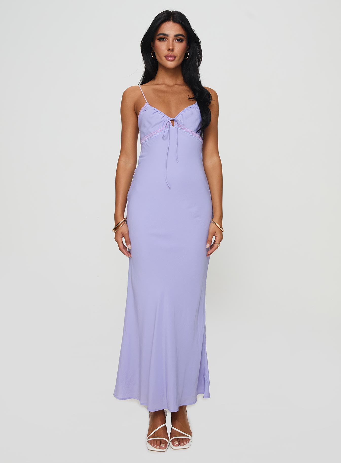 front view of model wearing Princess Polly Emily Maxi Dress Lilac Plunger 