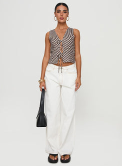 front view of model wearing Princess Polly Lishar Top Brown Stripe Sleeveless V-Neck 