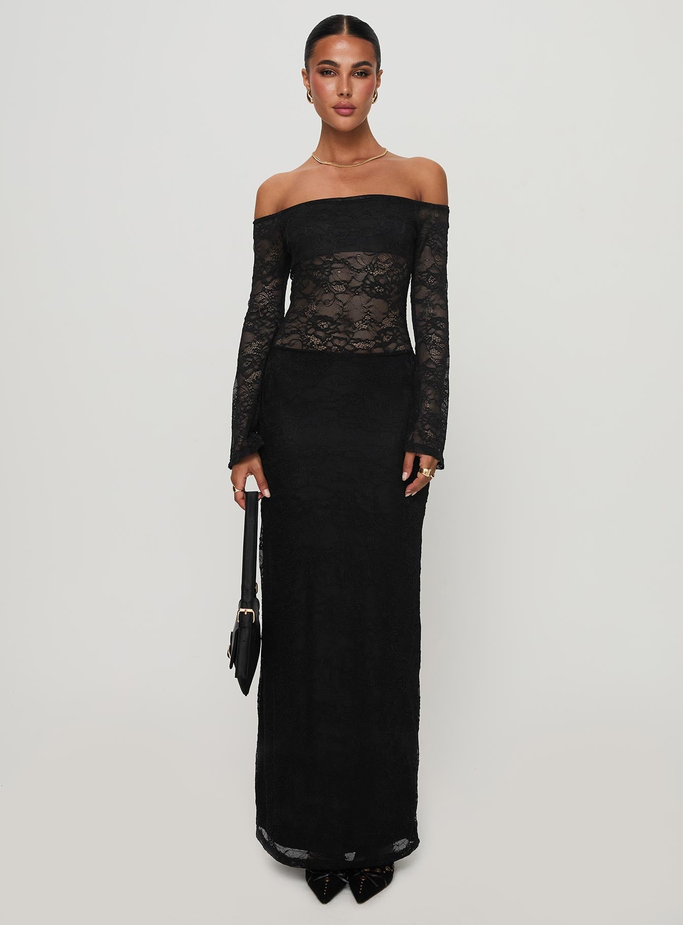 front view of model wearing Princess Polly Pinot Grigio Long Sleeve Lace Maxi Dress Black Straight Neck 