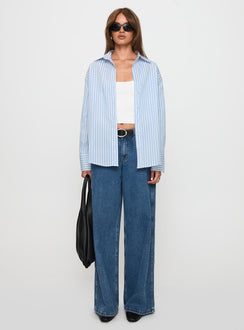 front view of model wearing Princess Polly Mallin Shirt Blue / White Stripe Full Sleeves V-Neck 