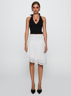   front view of model wearing Princess Polly Evanescence Asymmetrical Midi Skirt White / Polka Dot Midi Skirts 
