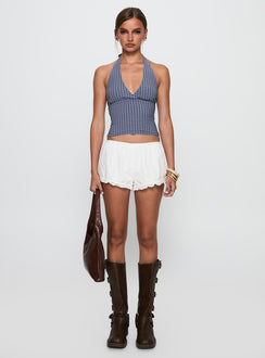 side view of model wearing Princess Polly Whimsy Halter Top Navy Gingham Sleeveless Sleeveless Plunger Plunger 