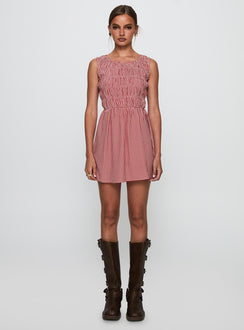 side view of model wearing Princess Polly Winxie Shirred Mini Dress Red Gingham Scoop Neck 