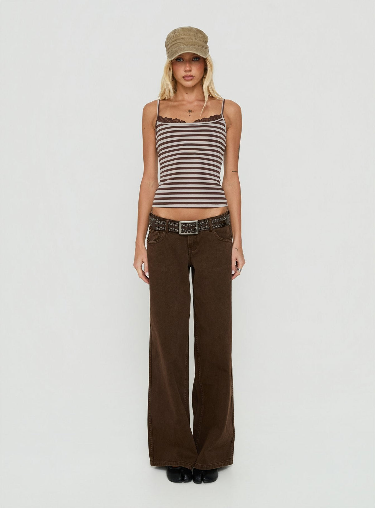 Spring To Summer Lace Trim Top Grey / Brown Stripe