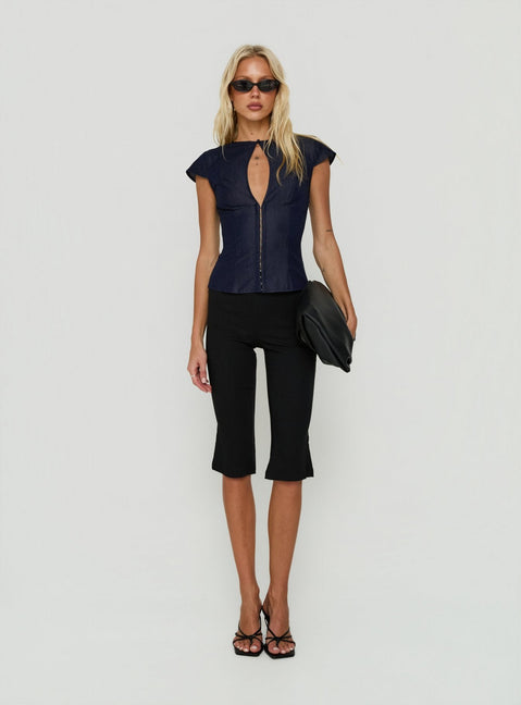 Hazalie Keyhole Detail Cap Sleeve Top Blue Denim