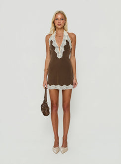 Veyda Lace Trim Mini Dress Chocolate / Cream