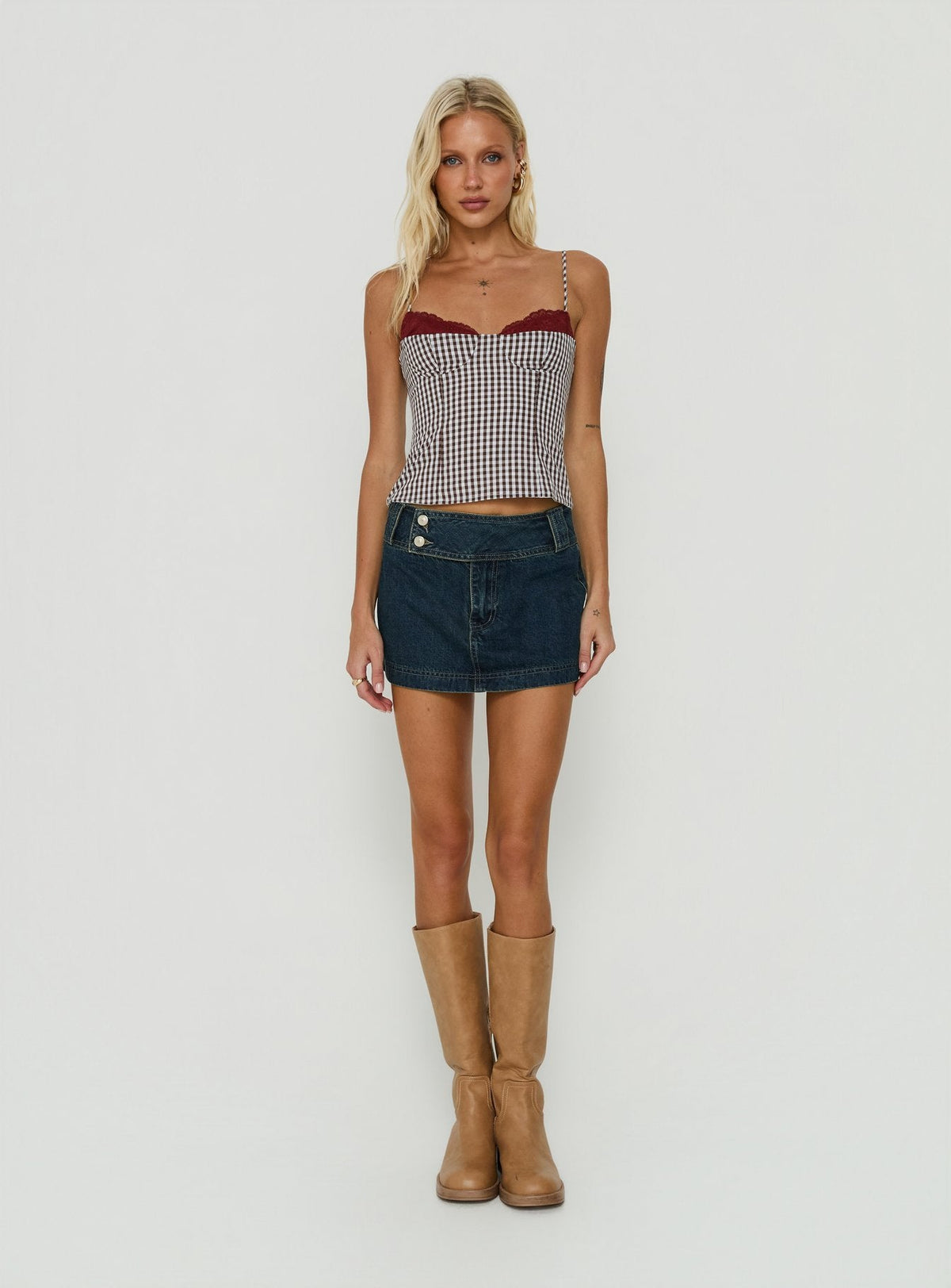 Baby Steps Spliced Bust Detail Cami Top Brown Gingham