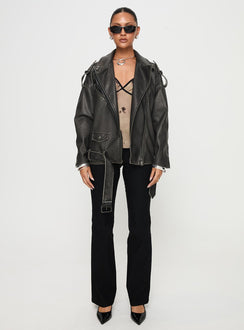 Biker jacket  Oversized lapers, buckle detail, two visible zip at hem & cuffs, adjustable belt straps Non-stretch material, fully lined 