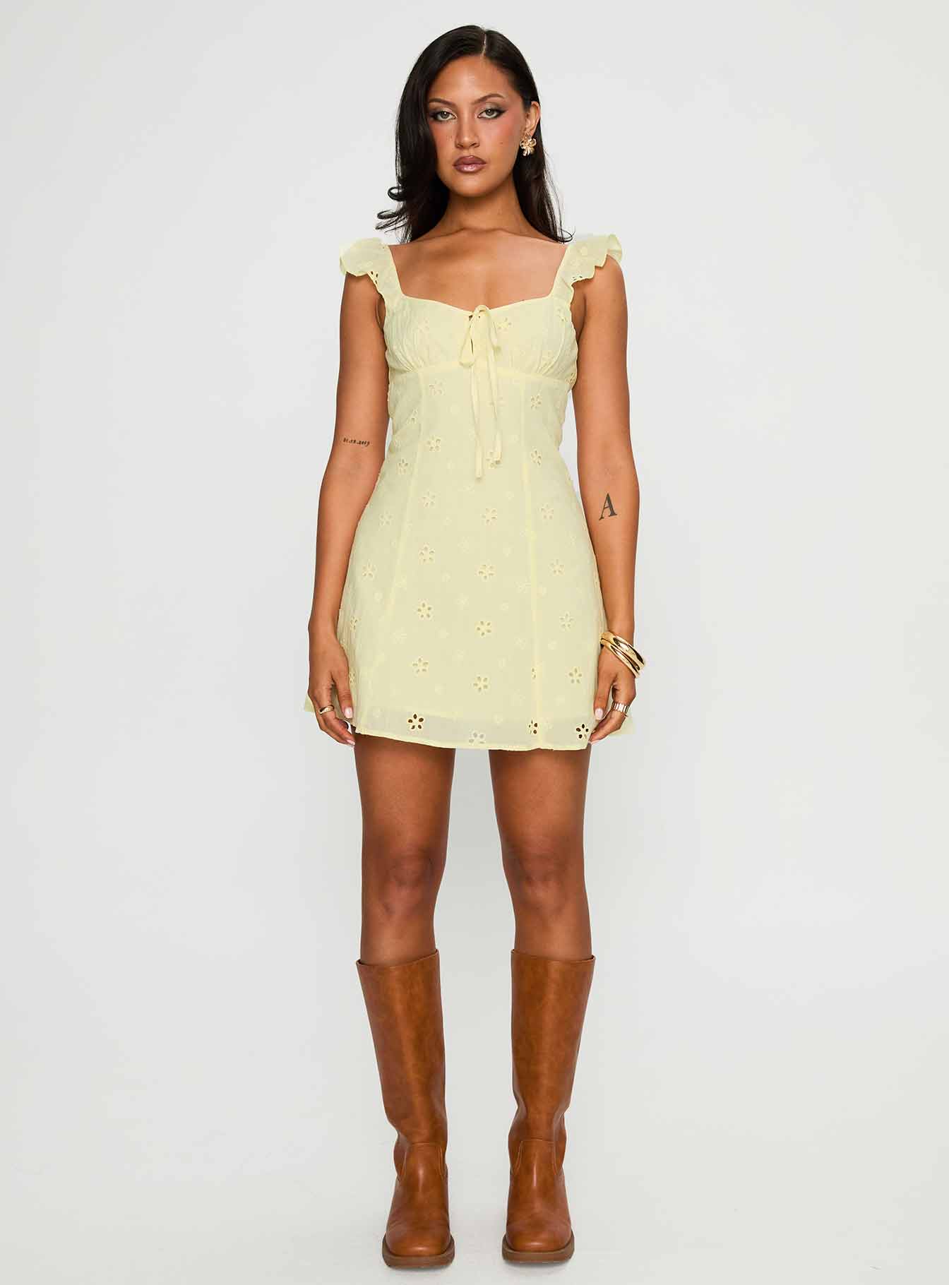 front view of model wearing Princess Polly Sunbather Mini Dress Yellow Sweetheart Neckline 