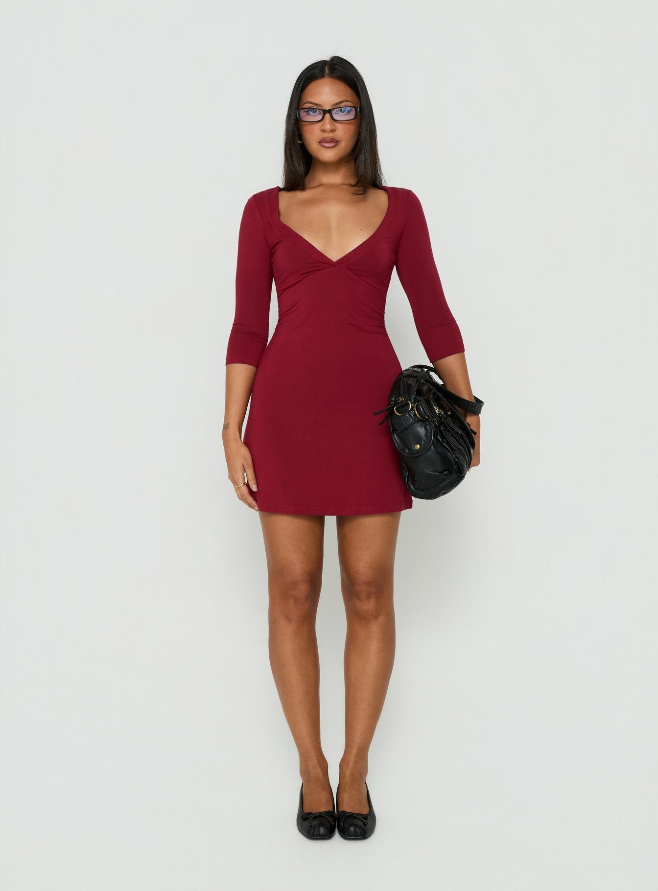 Florisa 3/4 Sleeve V Neck Mini Dress Red