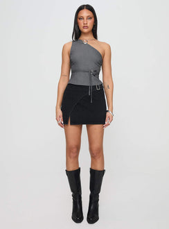   front view of model wearing Princess Polly Wait Up Denim Wrap Mini Skirt Washed Black Mini Skirts 