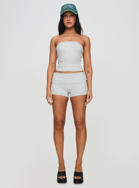 front view of model wearing Princess Polly Baseline Strapless Rib Top Grey Sleeveless straight 
