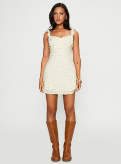 front view of model wearing Princess Polly Beacall Mini Dress Multi Floral Scoop Neck 