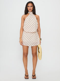 Natalea High Neck Playsuit Cream / Brown Polka