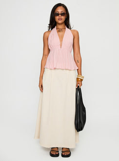 front view of model wearing Princess Polly Saddler Halter Top Pink Sleeveless Plunger 