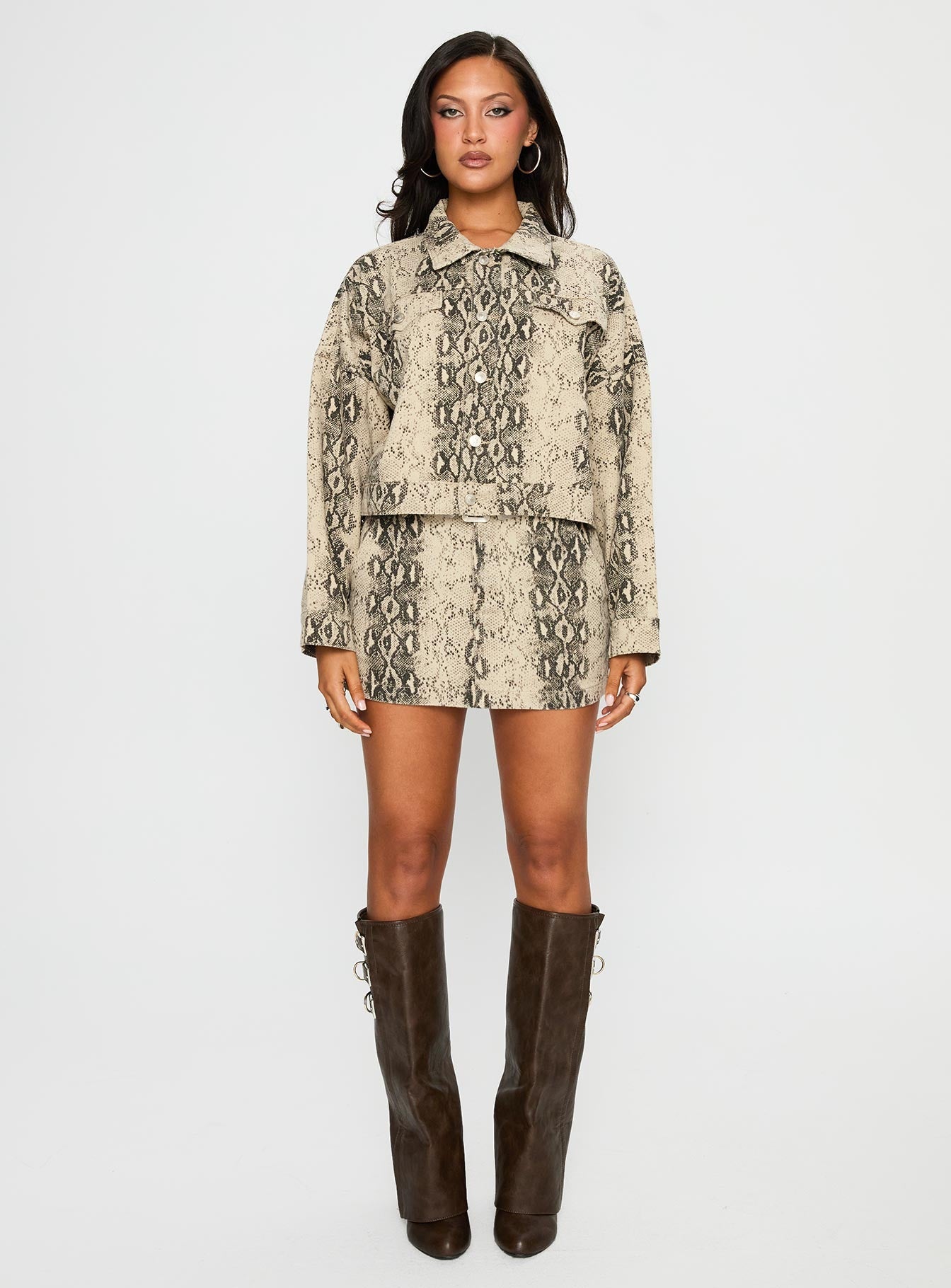 back view of model wearing Princess Polly Venom Mini Skirt Snake Mini Skirts 