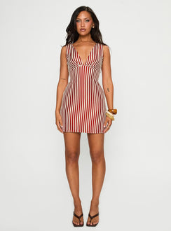 front view of model wearing Princess Polly Daphney Plunge Mini Dress Red / Cream Plunger 