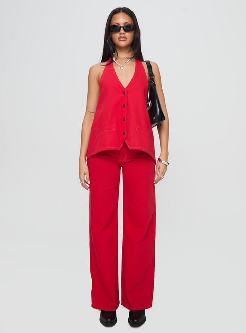 front view of model wearing Princess Polly Hills Halter Crimson Sleeveless V-Neck 