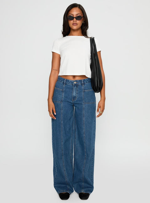 front view of model wearing Princess Polly Taji Wide Leg Jeans Dark Blue Mid Rise 