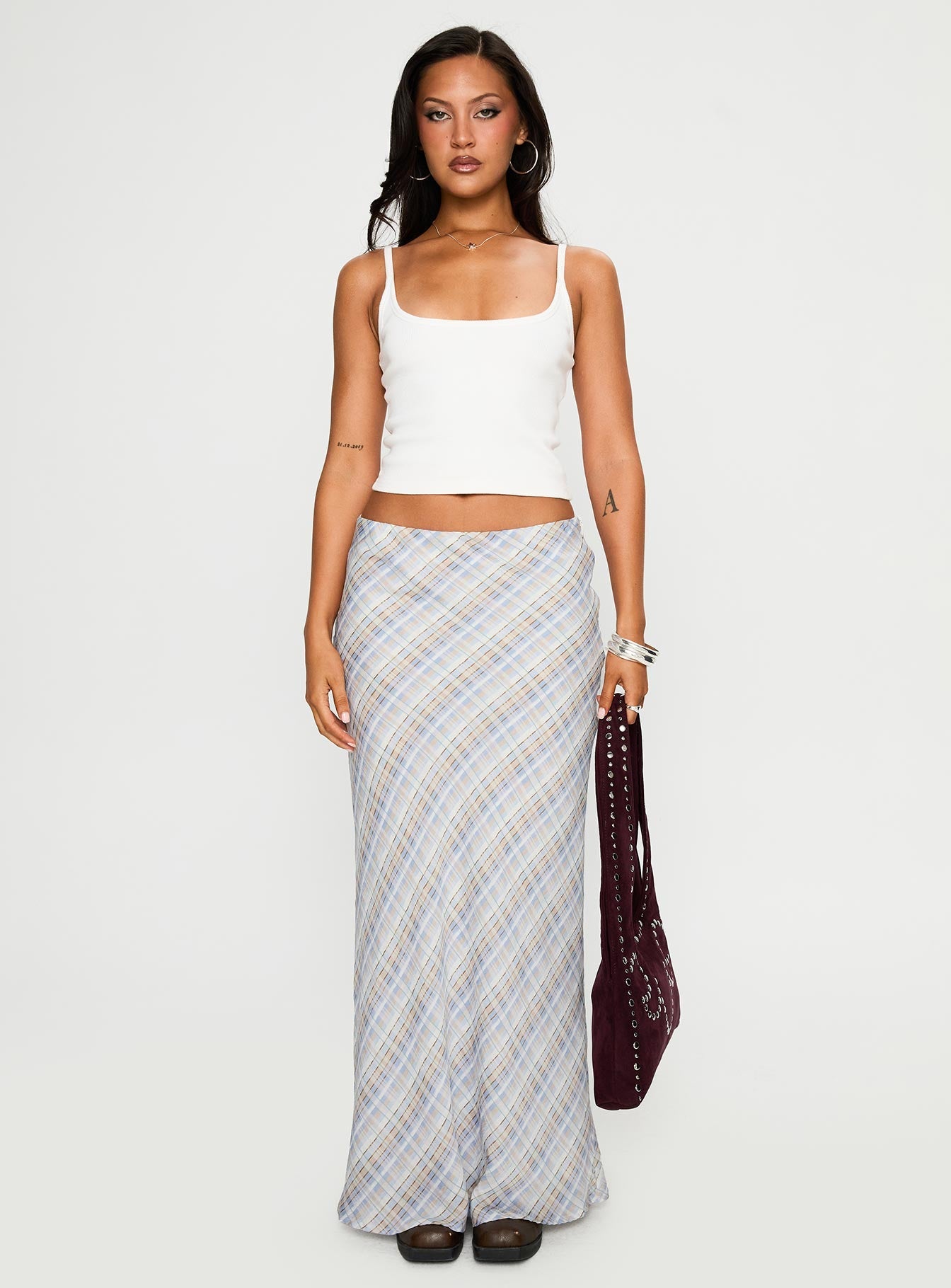   front view of model wearing Princess Polly Quianna Maxi Skirt Multi Maxi 