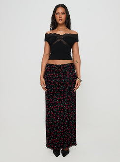 front view of model wearing Princess Polly Amarena Off The Shoulder Lace Top Black Short Sleeves 