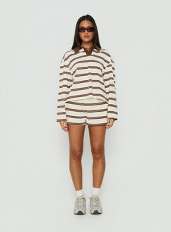Eddi Long Sleeve Polo Top Cream / Brown Stripe