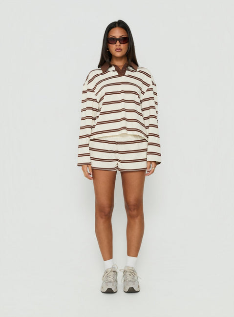 Eddi Long Sleeve Polo Top Cream / Brown Stripe