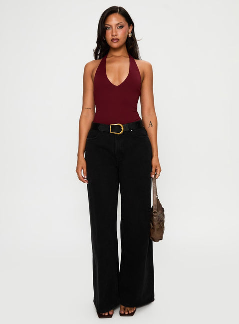 back view of model wearing Princess Polly Someone New Halter Bodysuit Burgundy Sleeveless 