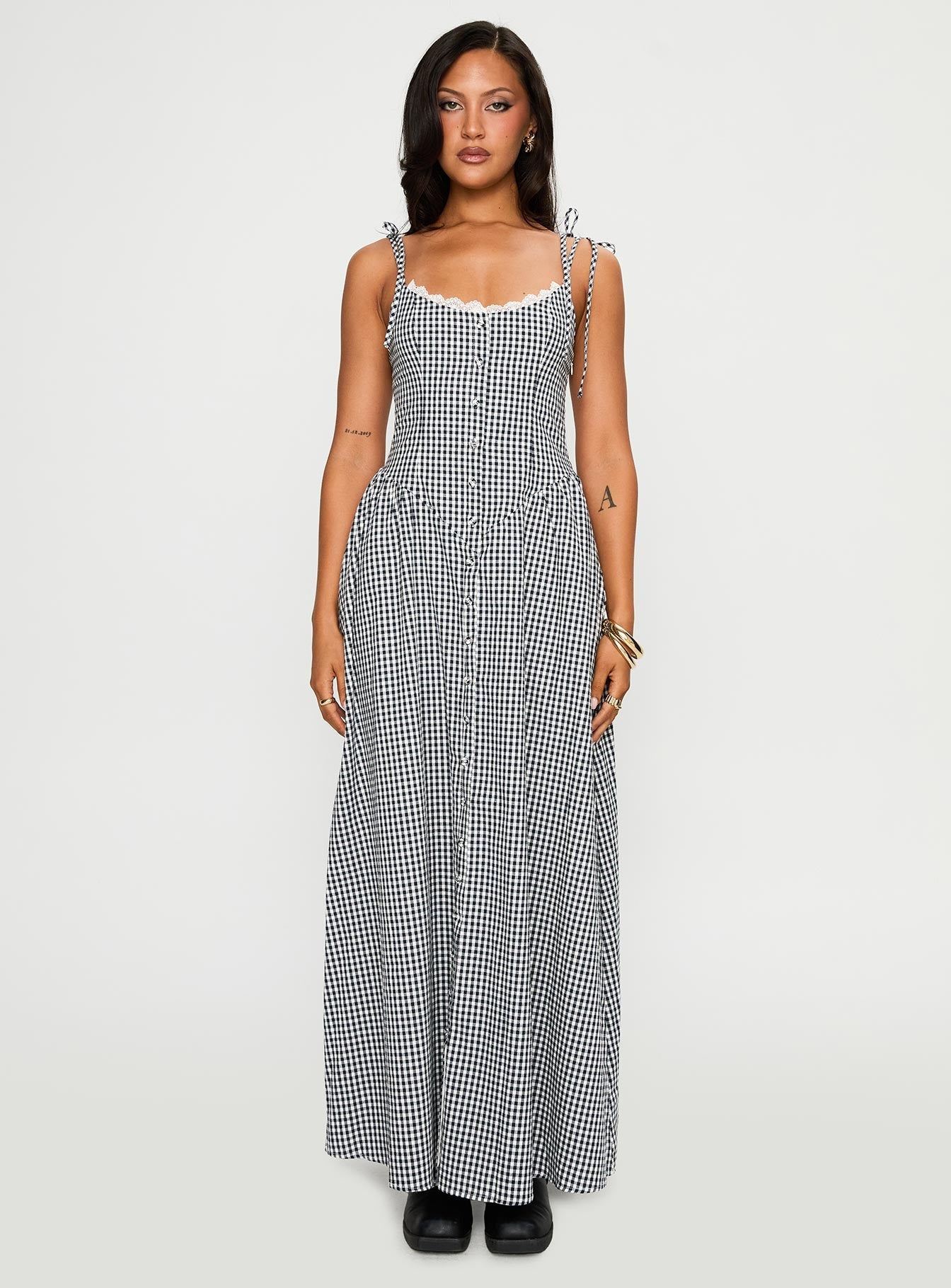 Dalanie Tie Strap Maxi Dress Navy Gingham