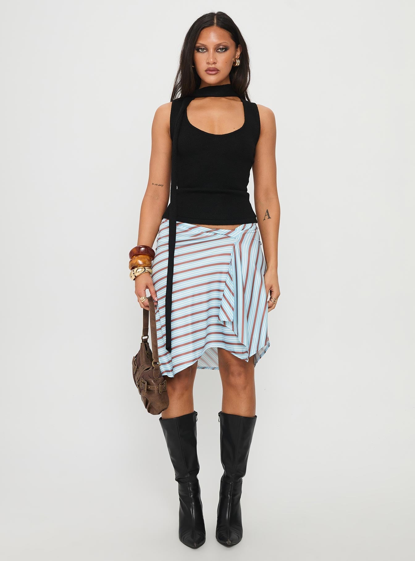 Roana Reversible Scarf Tie Knit Top Black