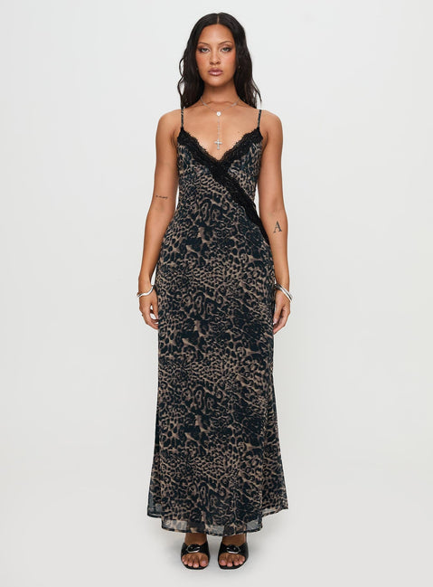 front view of model wearing Princess Polly Rosalba Maxi Dress Leopard Plunger 