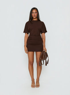Hunni Ruched Shirt Mini Dress Brown