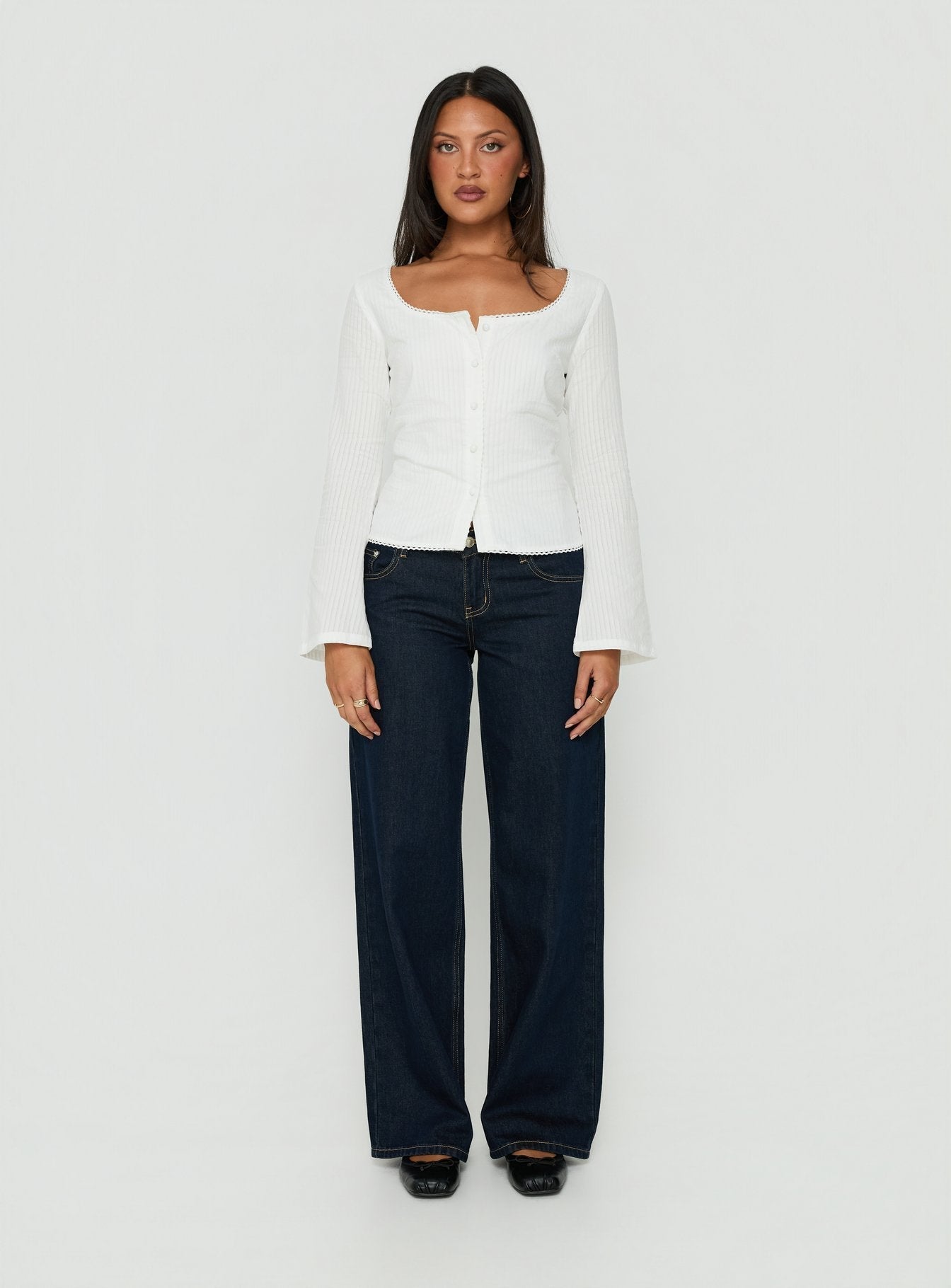 Leoniah Pico Trim Button Up Long Sleeve Top White