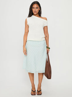   side view of model wearing Princess Polly Alunara Midi Skirt Aqua Stripe Midi Skirts 