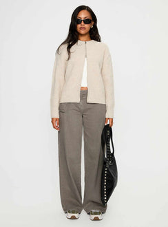 front view of model wearing Princess Polly Lexene Zip Through Jumper Oat regular 