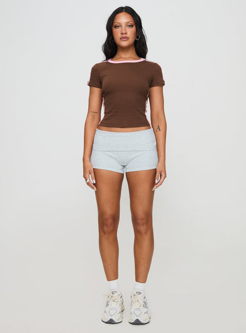 front view of model wearing Princess Polly Baseline Rib Tee Brown / Pink Short Sleeves Crew Neck 