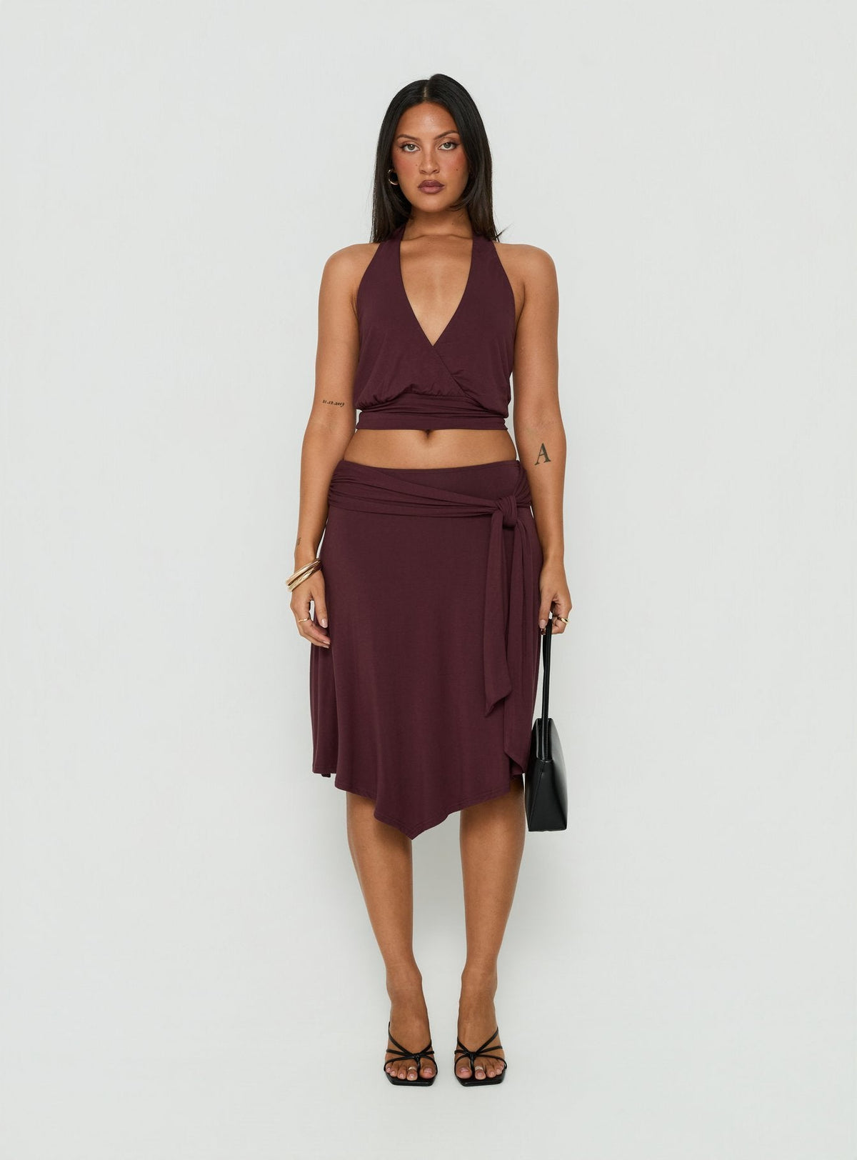 Featuring the Soft Focus Tie Waist Midi Skirt Plum Noir womens-skirts with relaxed fit Princess Polly