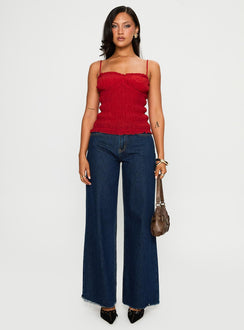 front view of model wearing Princess Polly Money Maker Ruched Cami Top Red Sleeveless Sweetheart 