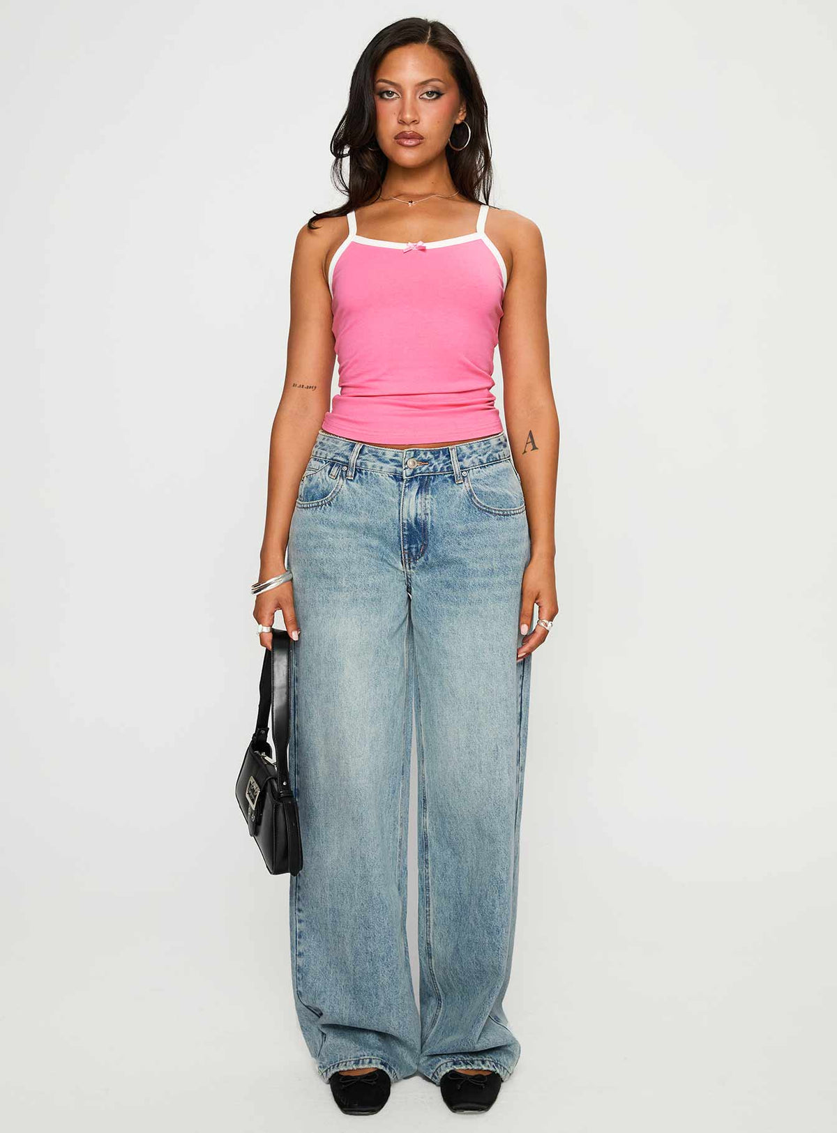 front view of model wearing Princess Polly Edge Of Town Mid Rise Straight Leg Jeans Vintage Blue Mid Rise Jeans Jeans 