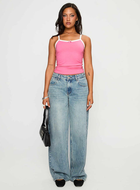 front view of model wearing Princess Polly Edge Of Town Mid Rise Straight Leg Jeans Vintage Blue Mid Rise Jeans Jeans 