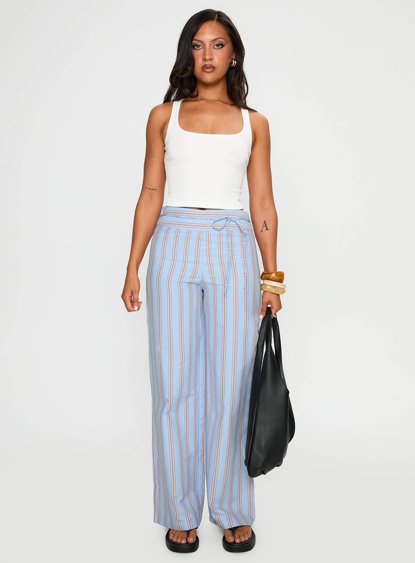 front view of model wearing Princess Polly Rush Hours Pants Blue Multi High Waisted Pants 