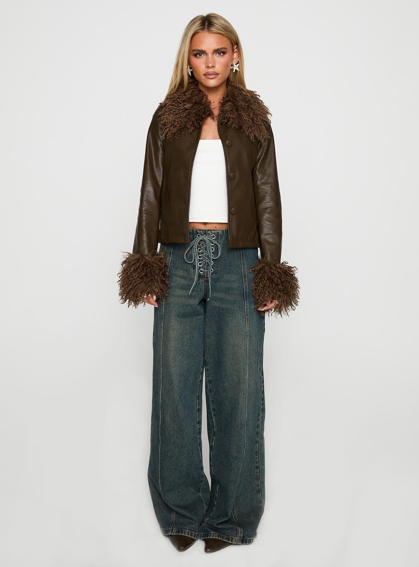 Cupid Clouds Faux Leather Jacket Brown