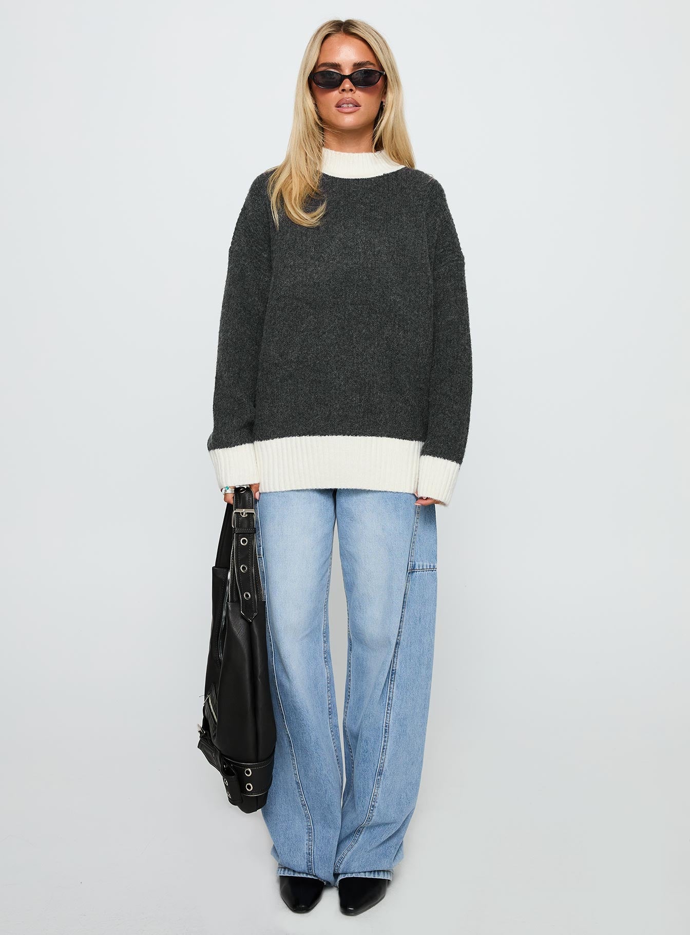 front view of model wearing Princess Polly Broken Hearts Club Knit Sweater Grey regular 