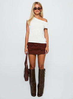 back view of model wearing Princess Polly Ashfield Off Shoulder Top White Short Sleeves Asymmetric Neckline 